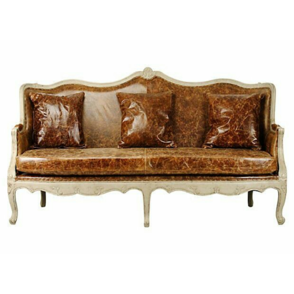 Daabadi Furniture Wholesale Classic French Antique Reproduction Sofa 3-Seater White Painted Mahogany Leather Brown