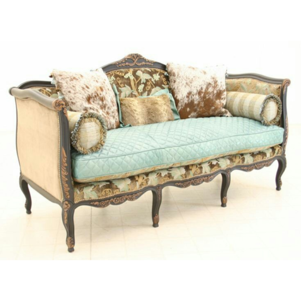 Daabadi Furniture Wholesale Classic French Colonial Sofa 3-Seater Green Painted Mahogany Fabric Multi-Color