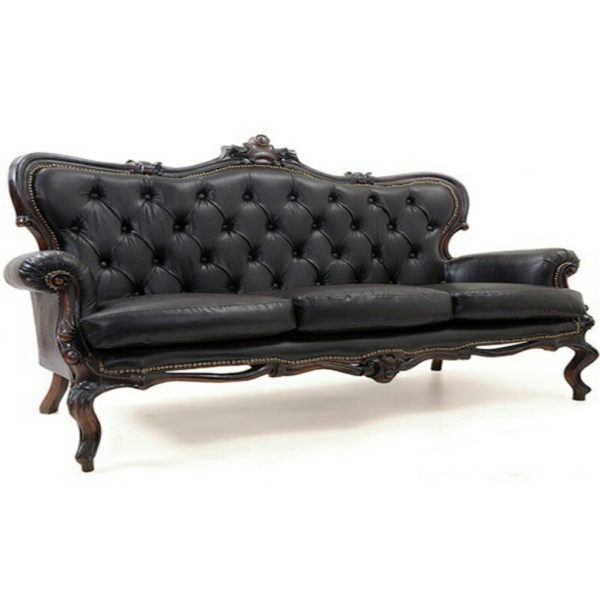 Daabadi Furniture Wholesale Classic French Antique Reproduction Sofa 3-Seater Walnut Painted Mahogany Leather Black