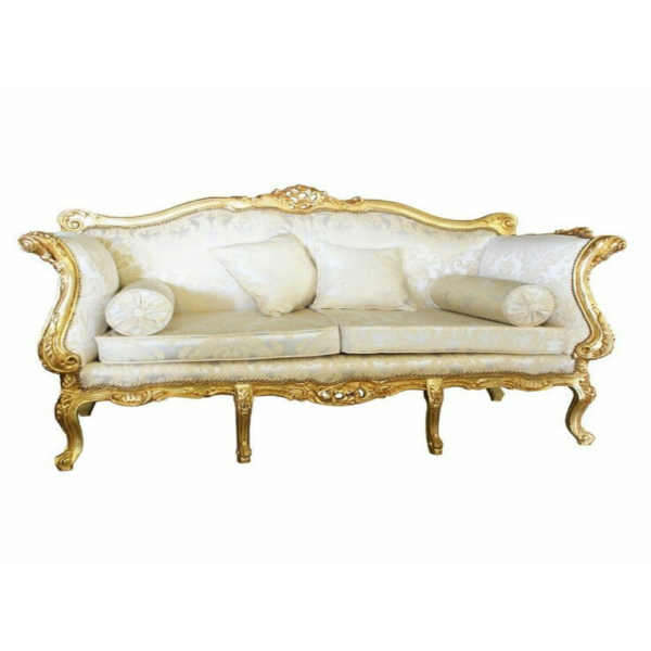 Daabadi Furniture Wholesale Classic French Vintage Sofa 3-Seater Gold Painted Mahogany Fabric White