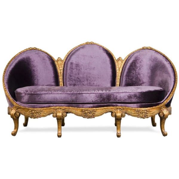 Daabadi Furniture Wholesale Classic French Reproduction Sofa 3-Seater Gold Painted Mahogany Fabric Purple