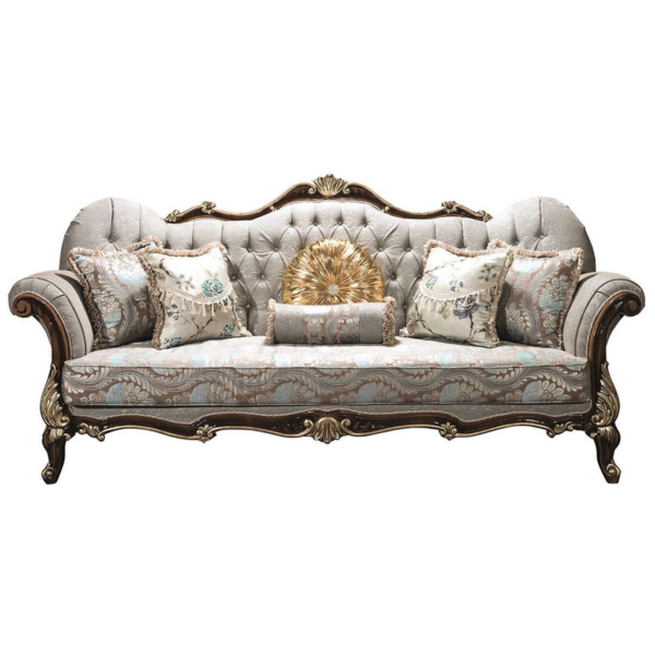 Daabadi Furniture Wholesale Classic French Provincial Sofa 3-Seater Brown Painted Mahogany Fabric Gray