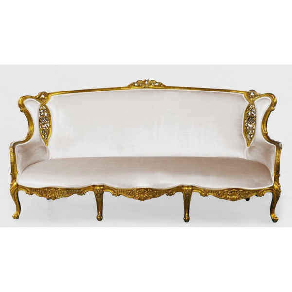 Daabadi Furniture Wholesale Classic French Colonial Sofa 3-Seater Gold Painted Mahogany Fabric White