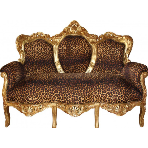Daabadi Furniture Wholesale Classic French Antique Reproduction Sofa 3-Seater Gold Painted Mahogany Fabric Leopard