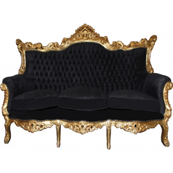 Daabadi Furniture Wholesale Classic French Reproduction Sofa 3-Seater Gold Painted Mahogany Fabric Black