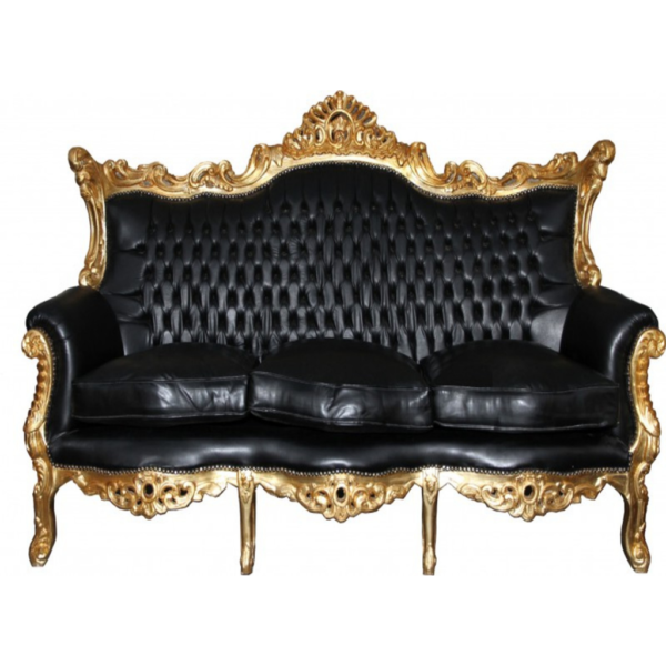 Daabadi Furniture Wholesale Classic French Provincial Sofa 3-Seater Gold Painted Mahogany Leather Black