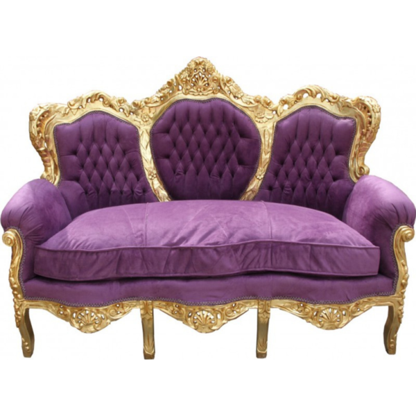 Daabadi Furniture Wholesale Classic French Antique Sofa 3-Seater Gold Painted Mahogany Fabric Purple