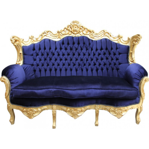 Daabadi Furniture Wholesale Classic French Antique Reproduction Sofa 3-Seater Gold Painted Mahogany Fabric Blue