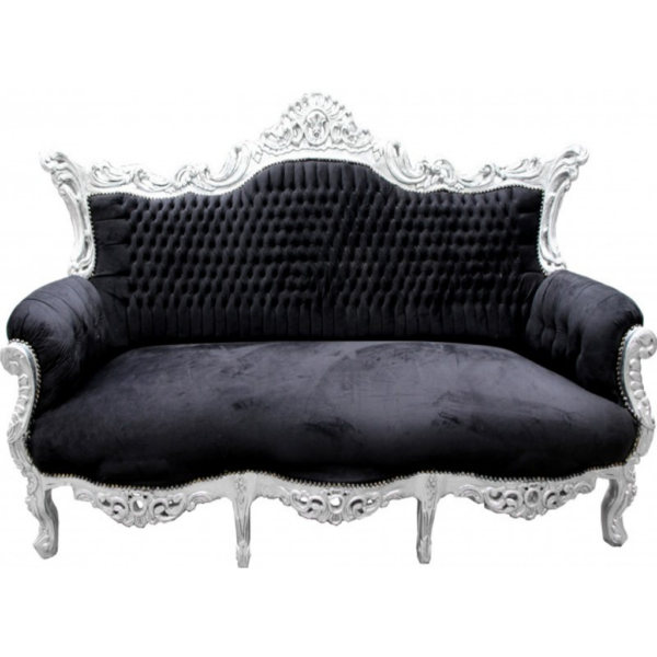 Daabadi Furniture Wholesale Classic French Reproduction Sofa 3-Seater Silver Painted Mahogany Fabric Black