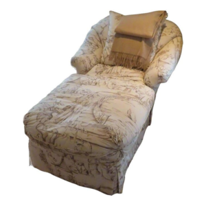 Vintage floral chaise lounge, comfortable lounge seating, beige fabric lounge chair, classic chaise lounge with pillow, elegant living room furniture