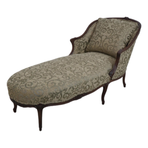 Victorian chaise lounge, brown damask fabric sofa, ornate wooden furniture, upholstered lounge chair