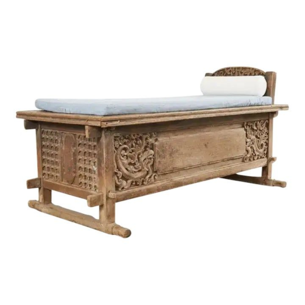 Antique carved wooden daybed, light brown platform bed, Asian-style daybed with cushion, handcrafted daybed furniture, elegant home furniture