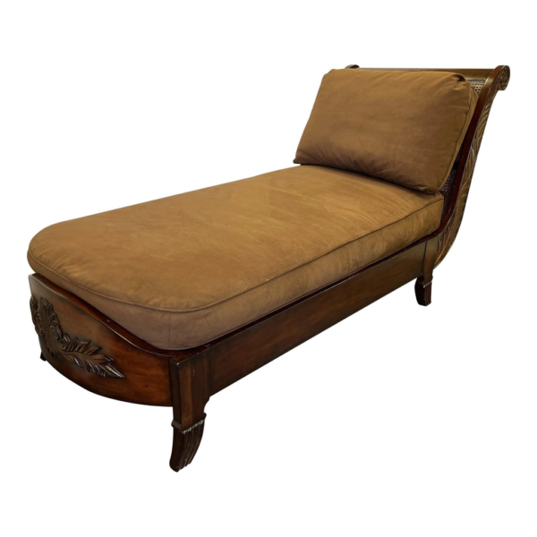 Antique brown chaise lounge, carved wood frame, comfortable pillow, Victorian style furniture, luxury relaxation chair.