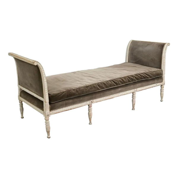 Antique style daybed, grey velvet cushion, wooden frame, vintage furniture, 19th century design.