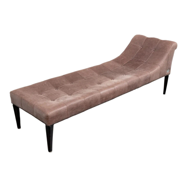 Brown leather chaise lounge, modern tufted seating, luxurious chaise lounge furniture, wood frame lounge chair