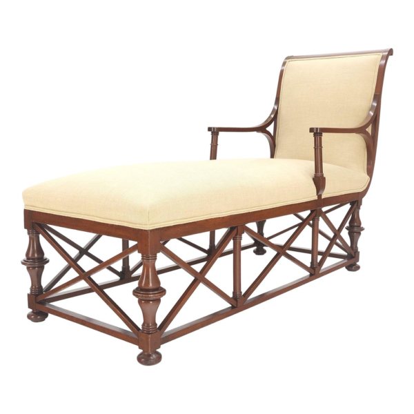 Elegant linen chaise lounge, classic wood frame, luxury seating, comfortable lounge chair