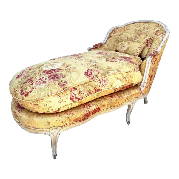 Floral chaise lounge, French Provincial seating, antique white wood frame, luxury lounge furniture, floral upholstery, designer chaise lounge