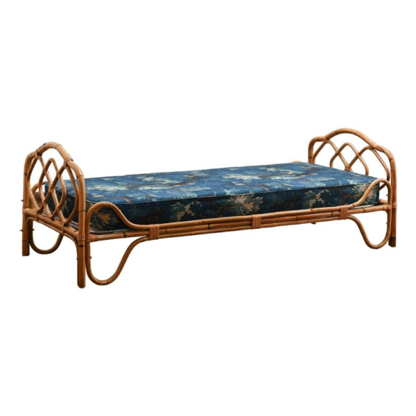 Vintage Rattan Daybed, Blue Floral Cushion, Mid-Century Modern Furniture, Handmade Rattan Daybed, Quality Rattan Furniture