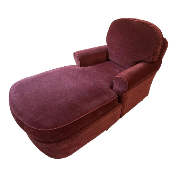 Burgundy quilted chaise lounge, vintage-style lounge chair, upholstered chaise lounge, fabric chaise lounge, rolled arm chaise lounge.
