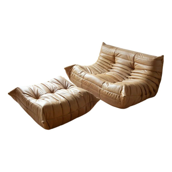 Caramel Leather Togo Loveseat Sofa, Contemporary Lounge Furniture, Luxury Leather Sofa, Designer Ottoman
