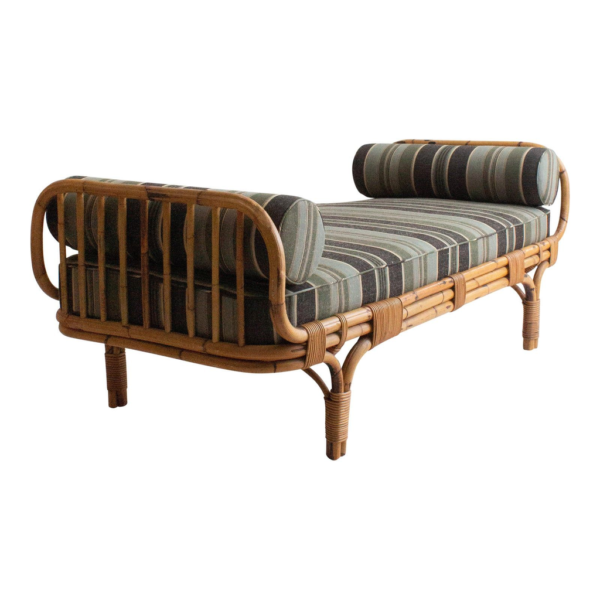 Vintage Rattan Daybed, Bohemian Style Sofa, Mid-Century Modern Furniture, Striped Cushion Rattan Bed, Rattan Sofa with Bolsters