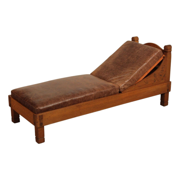 Antique Oak Chaise Lounge with Leather Cushion, Arts and Crafts Style Seating