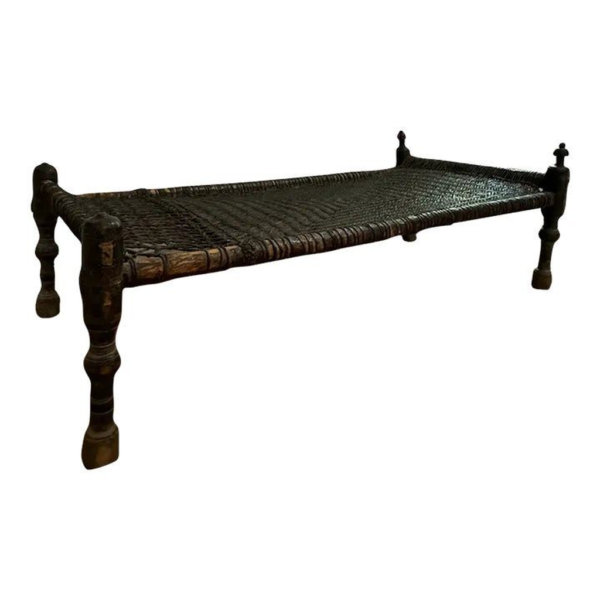 Rustic rattan day bed, woven wood frame, antique bedroom furniture, hand-crafted rattan bed, brown wood day bed