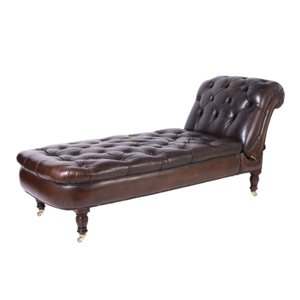 Antique Brown Leather Chaise Lounge, Tufted Daybed, Vintage Sofa Furniture