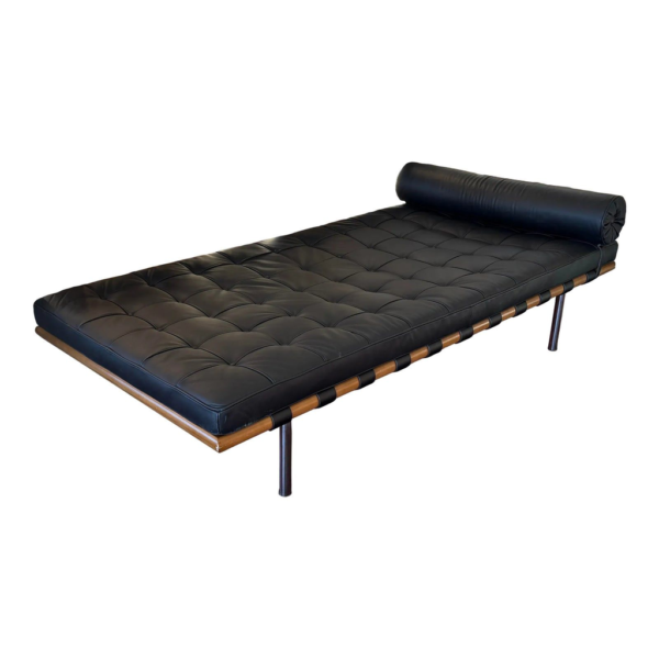 Black leather daybed, mid-century modern furniture, bolster pillow daybed, living room daybed, luxury lounge seating