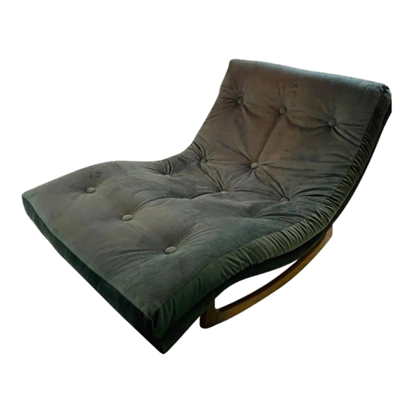 Gray velvet chaise lounge, mid-century modern lounger, tufted lounge chair, wooden base chaise lounge, luxury seating, comfortable chaise lounge, designer furniture, elegant lounger