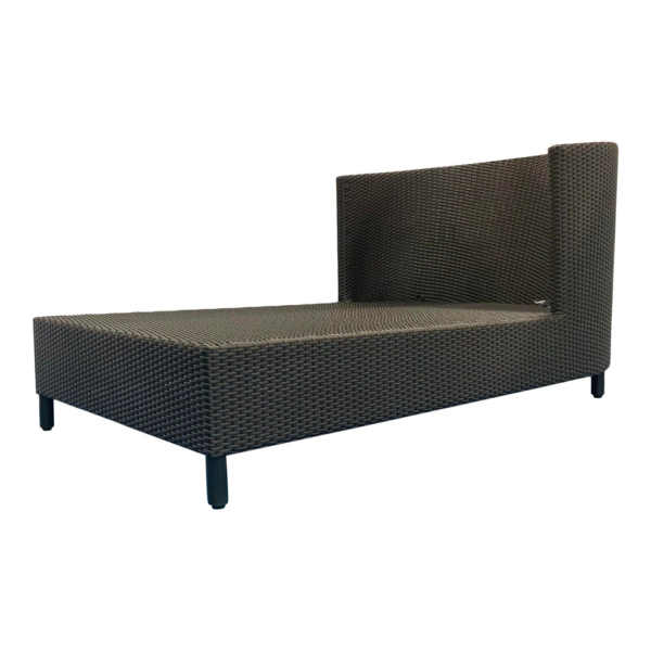 Brown wicker chaise lounge, contemporary outdoor furniture, rattan sunbed, iron frame lounge chair, modern patio seating, elevated backrest chaise, durable garden lounge