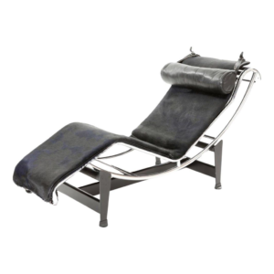 Black leather chaise lounge chair, modern chrome frame seating, luxurious lounge furniture, designer relaxation chair