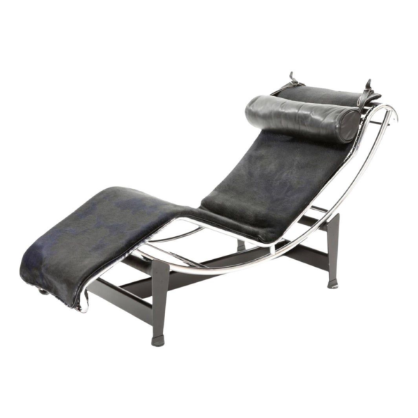 Black leather chaise lounge chair, modern chrome frame seating, luxurious lounge furniture, designer relaxation chair