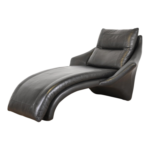Black leather chaise lounge, modern lounge chair, luxury leather furniture, designer chaise lounge, contemporary relaxation chair.