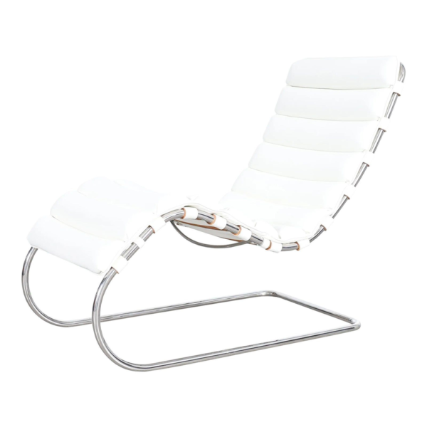White leather chaise lounge with chrome frame, mid-century modern design, luxury lounge chair