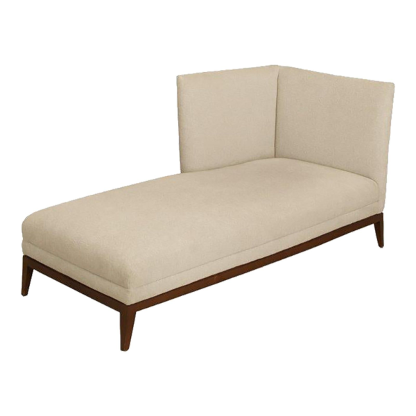 Beige chaise lounge, modern upholstered sofa, dark wood frame furniture, contemporary living room seating, elegant chaise lounge design