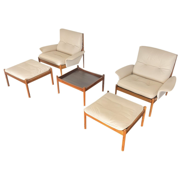 Mid-Century Modern Lounge Set, Leather Armchairs with Ottomans, Wooden Frame Living Room Furniture, Beige Lounge Chair Set, Modern Furniture Design