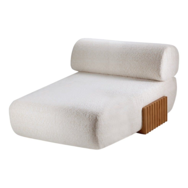 Modern white boucle lounge chair, contemporary style seating, comfortable accent chair, designer furniture, luxurious lounge furniture, wood accent sofa.