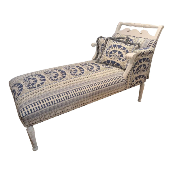 Vintage ivory and indigo chaise lounge, stylish fabric lounge, elegant chaise lounge, handmade chaise lounge