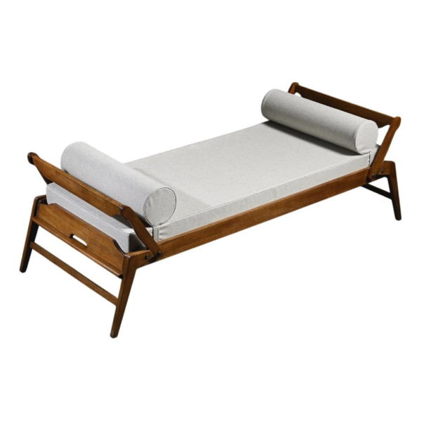 Mid-Century Modern Gray Daybed with Wood Frame and Bolster Pillows