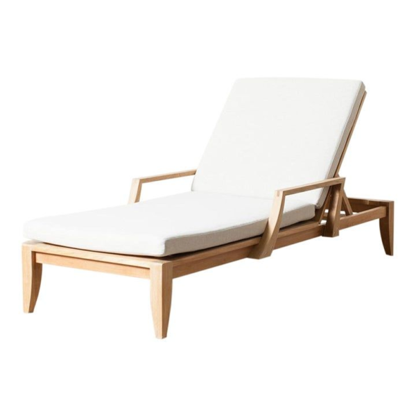Teak wood chaise lounge, outdoor seating, white cushion, modern furniture, patio furniture, garden lounge chair