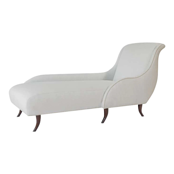 Ivory linen chaise lounge, mid-century modern chaise lounge, elegant white chaise lounge, luxury furniture, wood frame chaise lounge