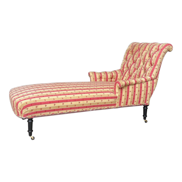 Antique chaise lounge, red and beige striped couch, classic furniture design, luxury seating, wooden frame sofa