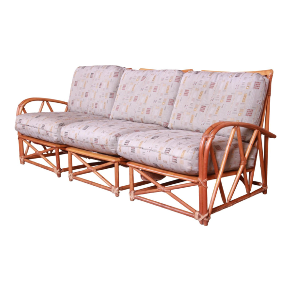 Rattan sofa, three-seater sofa, tropical sofa, patterned cushions, living room furniture, handcrafted sofa.