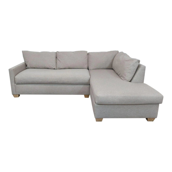 Modern light grey sectional sofa with chaise lounge, linen blend upholstery, contemporary living room furniture