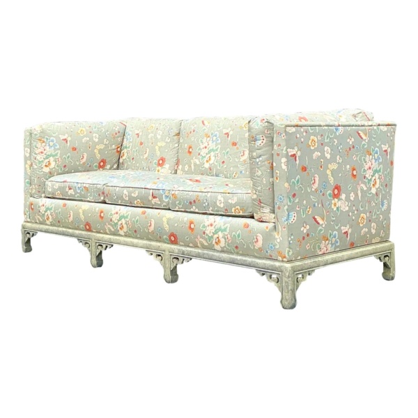 Floral sofa, upholstered couch, wooden frame sofa, custom made furniture, floral print seating.