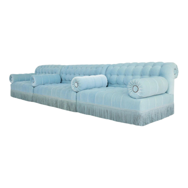 Luxury Light Blue Velvet Sofa, Tufted Chesterfield Design, Custom Made Furniture, Elegant Home Decor