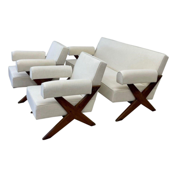 Mid-Century Modern Sofa Set, White Linen Sofa, Wooden Frame Sofa, Living Room Furniture, Designer Sofa Set