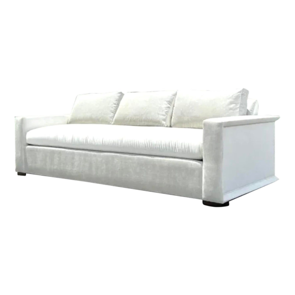 White contemporary sofa, upholstered fabric sofa, modern living room furniture, plush pillow sofa