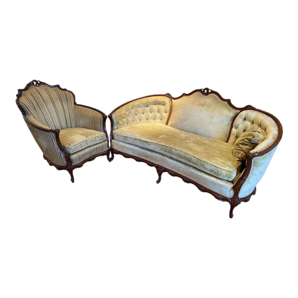 Vintage Style Sofa Set, Button-Tufted Loveseat, Antique Armchair, Dark Wood Frame Sofa, Victorian Furniture